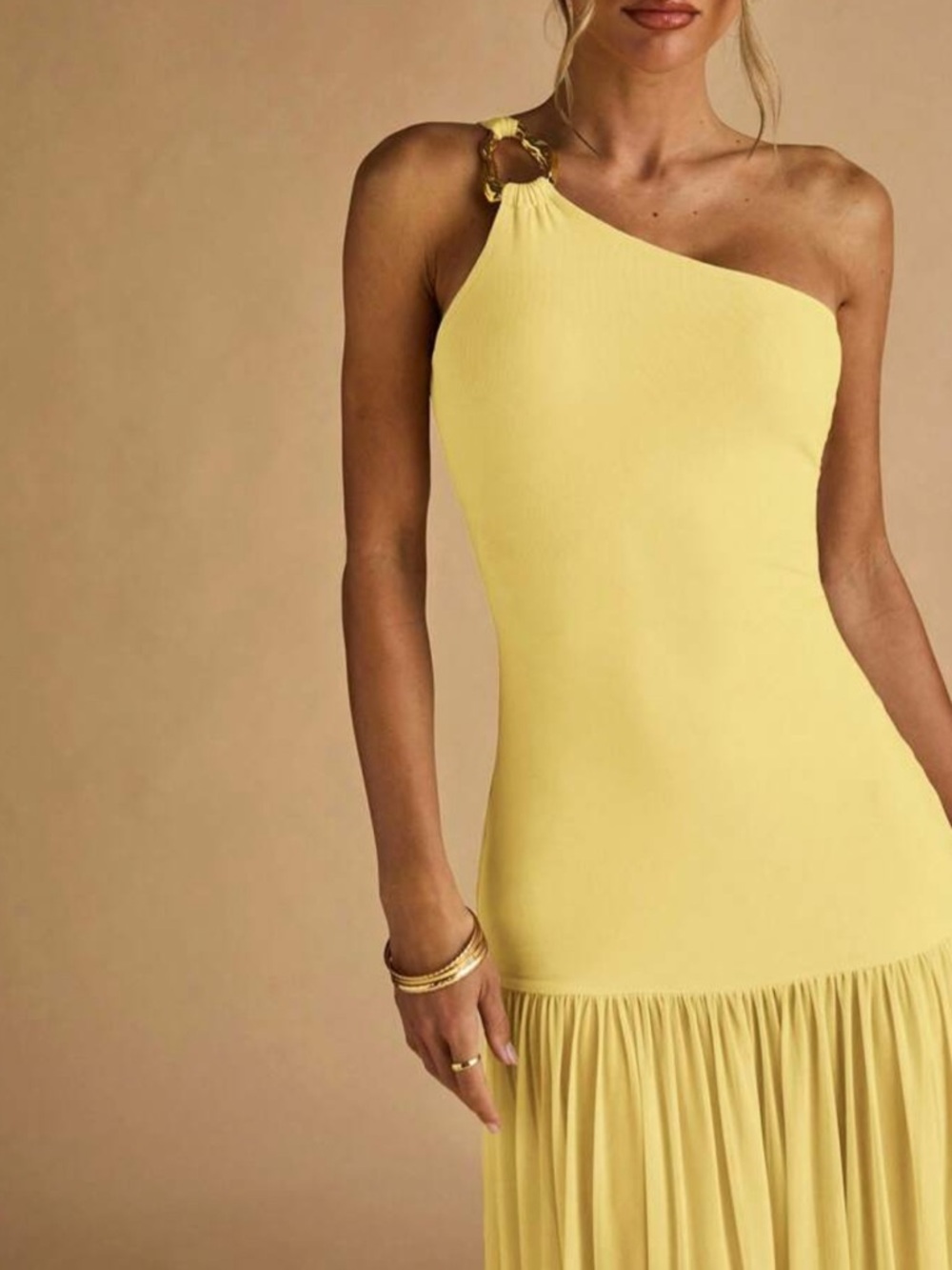 One Shoulder Lemon Yellow Maxi Dress - Picture 7 of 7